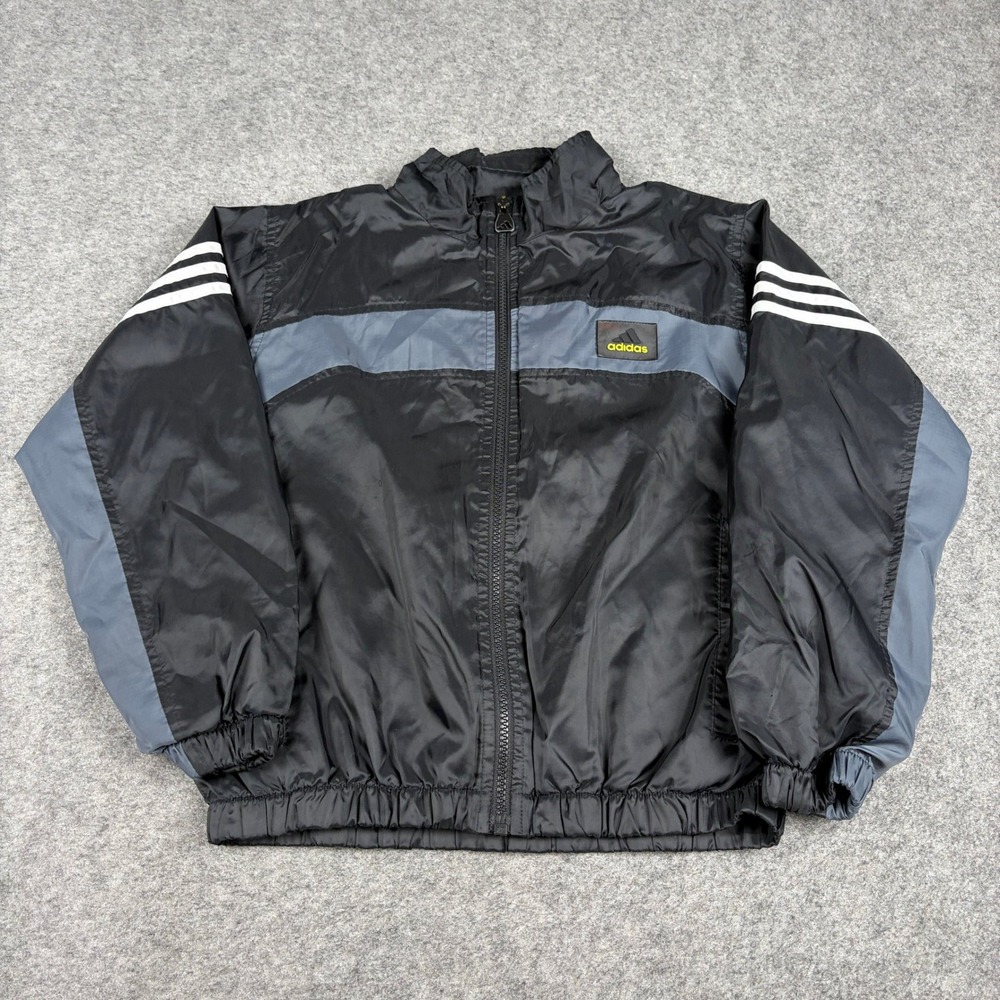 Vintage 90s Adidas Windbreaker Jacket Kids Small Black Gray Full Zip Athletic